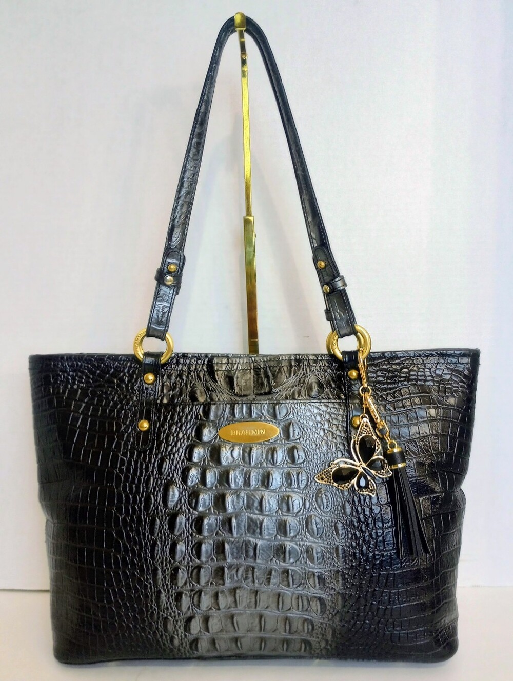Brahmin Medium Asher, Black Silver Ombre Crocodile Embossed Leather Tote